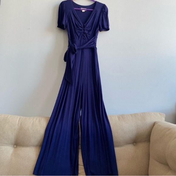 Anthropologie Jumpsuit Romper Wide Leg Stretch Flowy Palazzo Pant Tie Waist Ruch - Picture 2 of 13